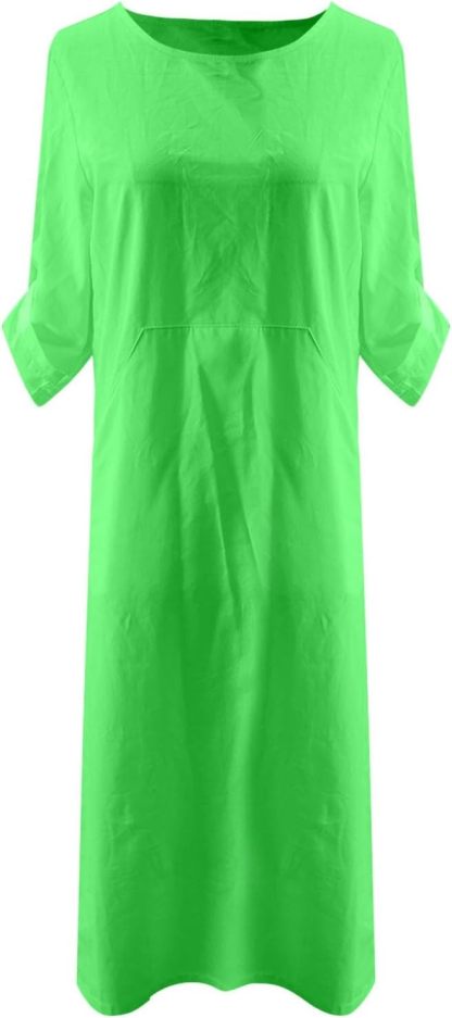 Women's Cotton and Linen Spring and Summer Fashion Solid Color Loose Casual Dress V Neck Dress