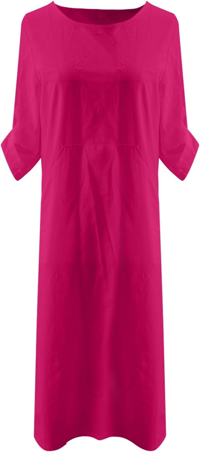 Women's Cotton and Linen Spring and Summer Fashion Solid Color Loose Casual Dress V Neck Dress