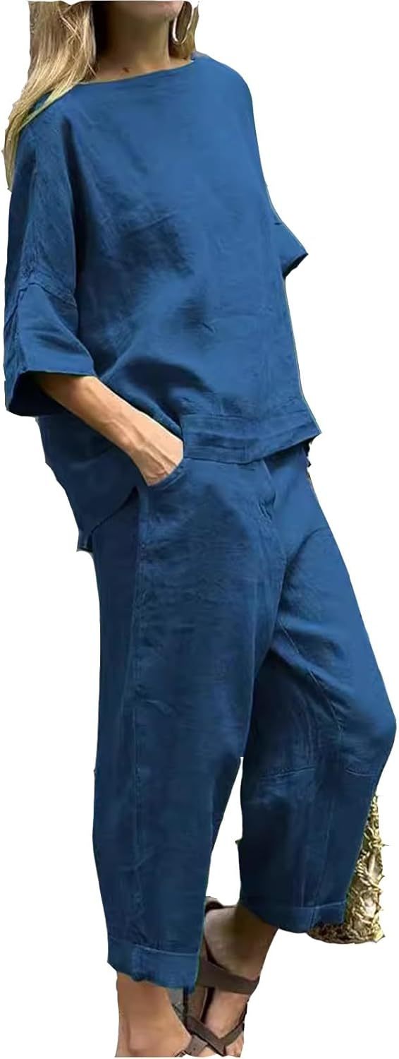 Womens 2 Piece Outfits, Cotton Linen Casual Lounge Sets, 3/4 Sleeve Tops And Elastic Waist Pants, Streetwear
