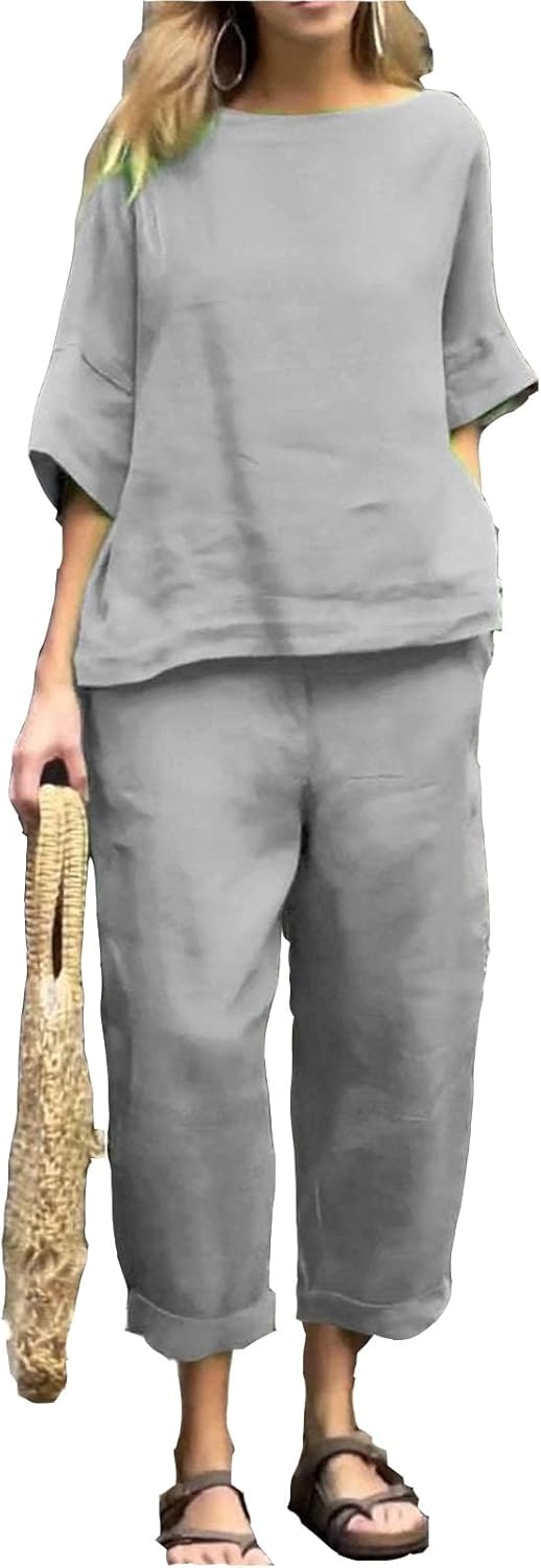 Womens 2 Piece Outfits, Cotton Linen Casual Lounge Sets, 3/4 Sleeve Tops And Elastic Waist Pants, Streetwear