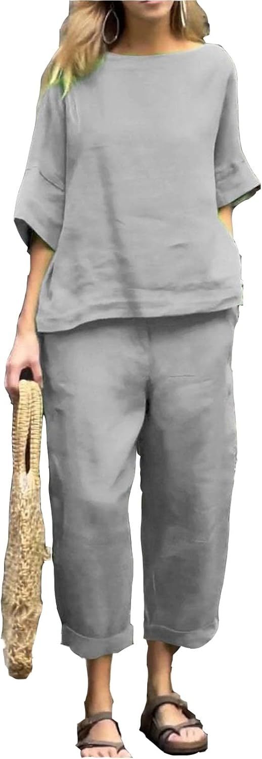 Womens 2 Piece Outfits, Cotton Linen Casual Lounge Sets, 3/4 Sleeve Tops And Elastic Waist Pants, Streetwear