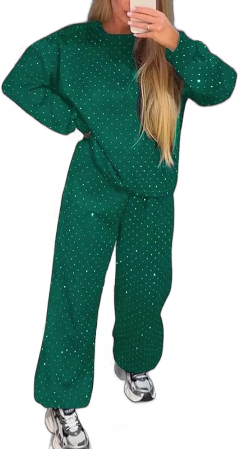 Women‘s 2 Piece Sweatsuits Glitter Sequin Long Sleeve Crewneck Trendy Tracksuits Casual Comfy Fall Lounge Sets