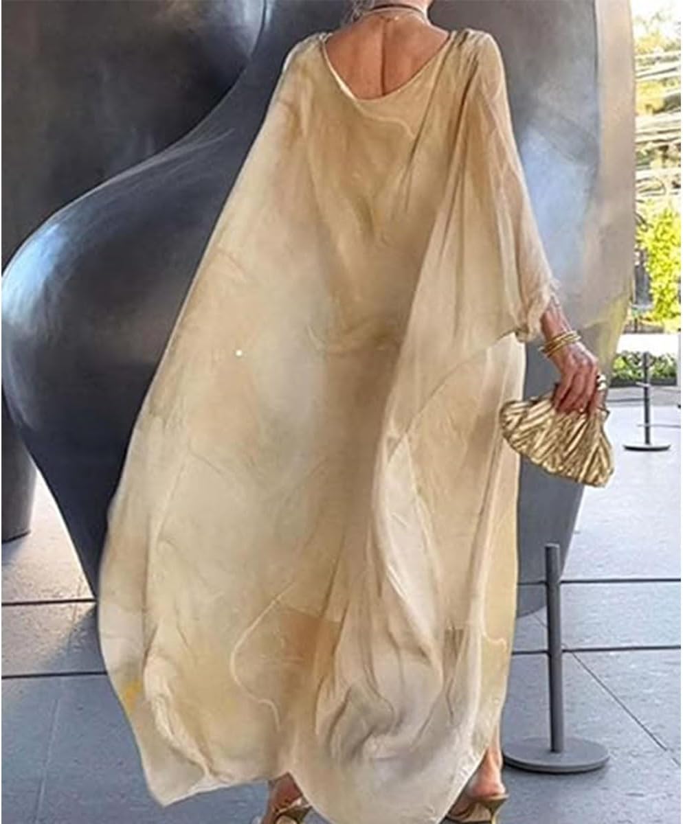 Women's Elegant Chiffon Print Dress,Marble Print Skirt for Cocktail Party,Round Neck Flowy Long Sleeve Cape Dress