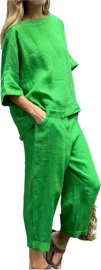 Womens 2 Piece Outfits, Cotton Linen Casual Lounge Sets, 3/4 Sleeve Tops And Elastic Waist Pants, Streetwear