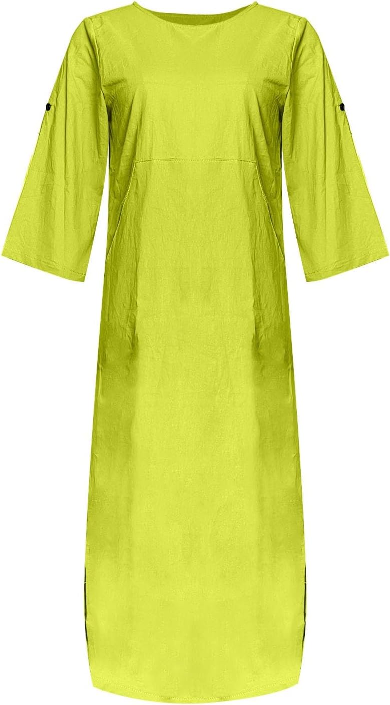 Women's Cotton and Linen Spring and Summer Fashion Solid Color Loose Casual Dress V Neck Dress
