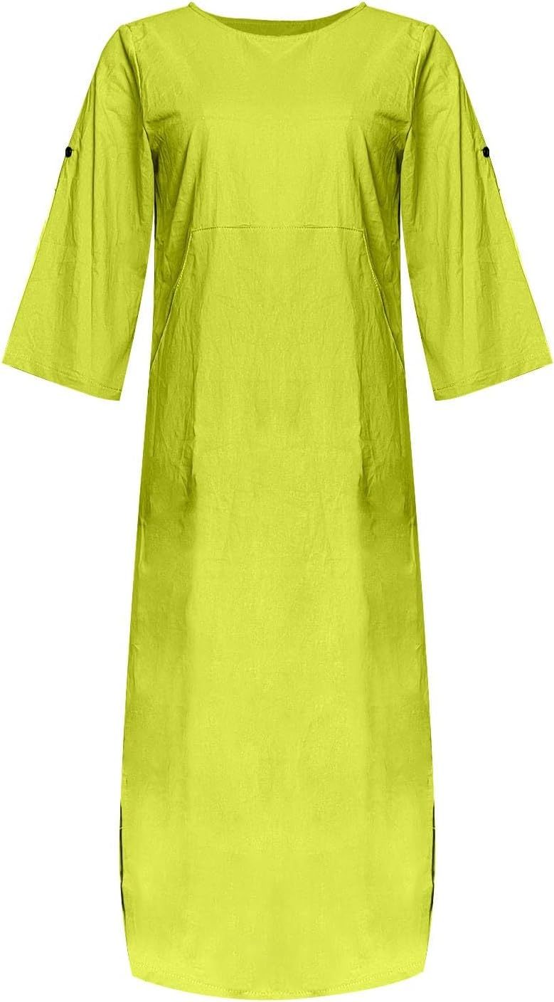 Women's Cotton and Linen Spring and Summer Fashion Solid Color Loose Casual Dress V Neck Dress