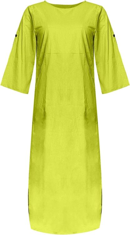 Women's Cotton and Linen Spring and Summer Fashion Solid Color Loose Casual Dress V Neck Dress