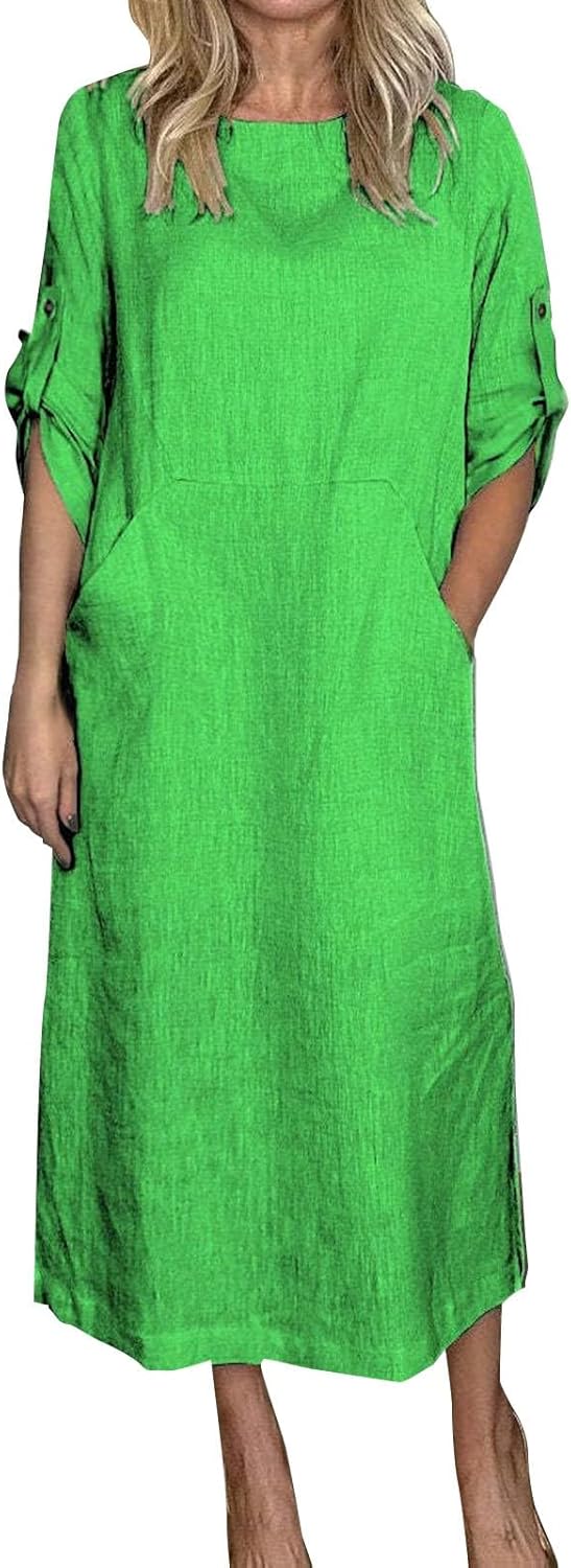 Women's Cotton and Linen Spring and Summer Fashion Solid Color Loose Casual Dress V Neck Dress