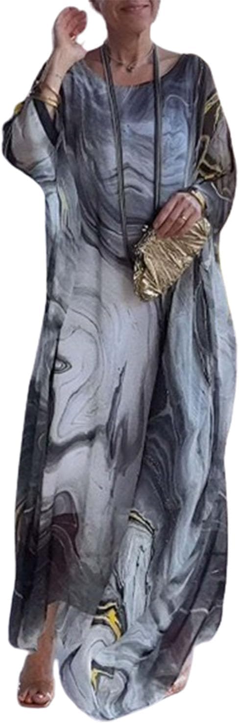 Women's Elegant Chiffon Print Dress,Marble Print Skirt for Cocktail Party,Round Neck Flowy Long Sleeve Cape Dress