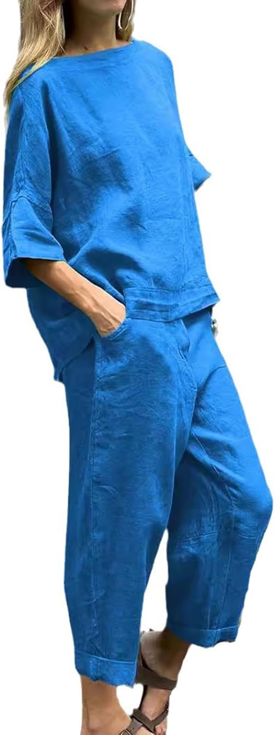 Womens 2 Piece Outfits, Cotton Linen Casual Lounge Sets, 3/4 Sleeve Tops And Elastic Waist Pants, Streetwear