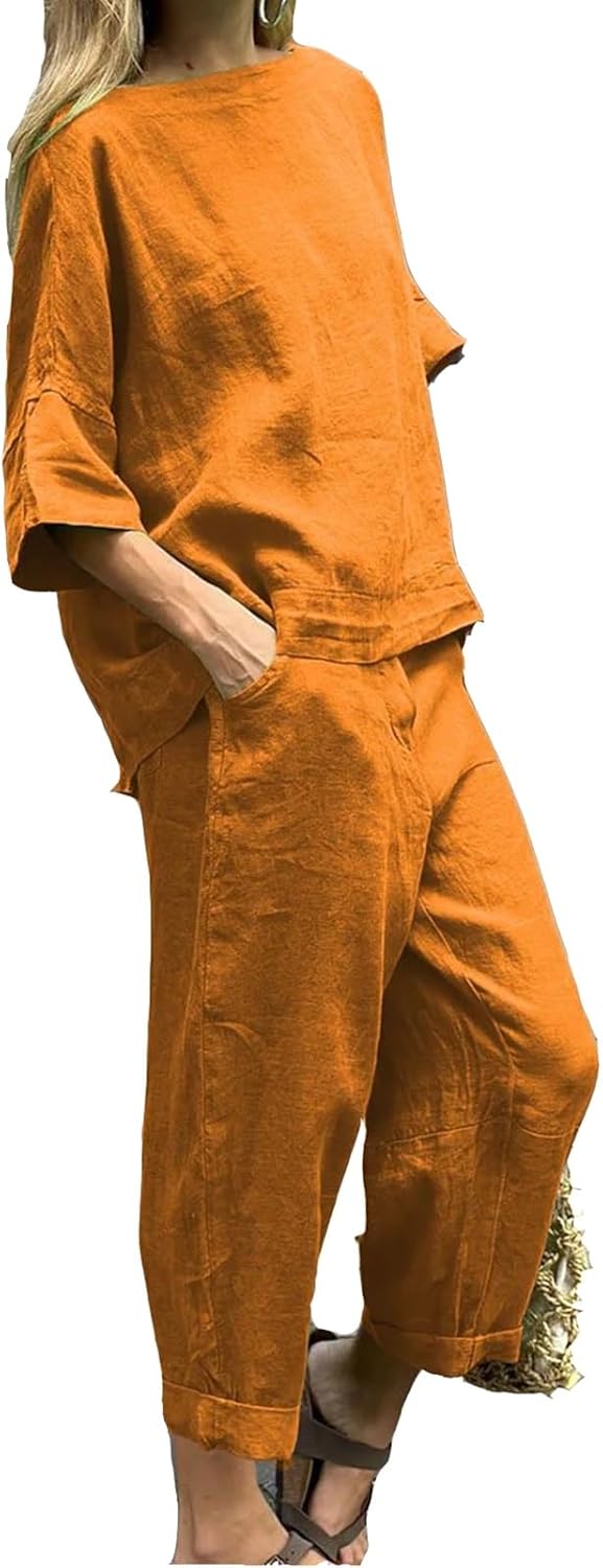 Womens 2 Piece Outfits, Cotton Linen Casual Lounge Sets, 3/4 Sleeve Tops And Elastic Waist Pants, Streetwear