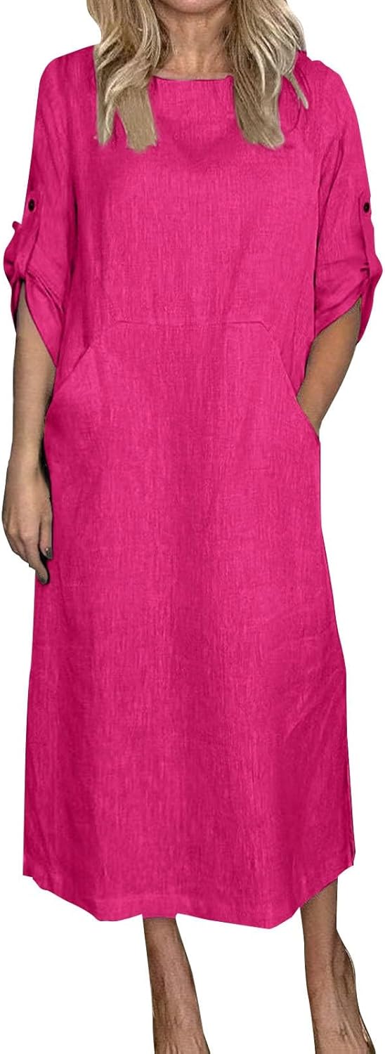 Women's Cotton and Linen Spring and Summer Fashion Solid Color Loose Casual Dress V Neck Dress