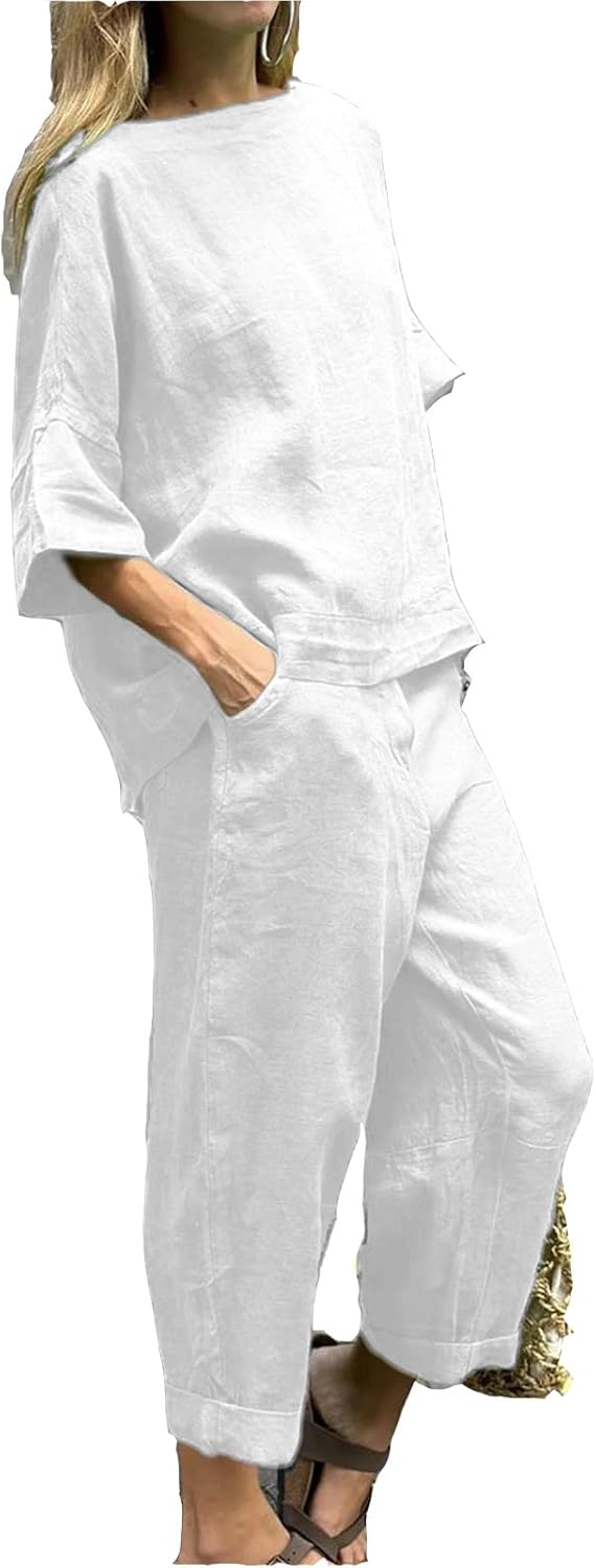 Womens 2 Piece Outfits, Cotton Linen Casual Lounge Sets, 3/4 Sleeve Tops And Elastic Waist Pants, Streetwear