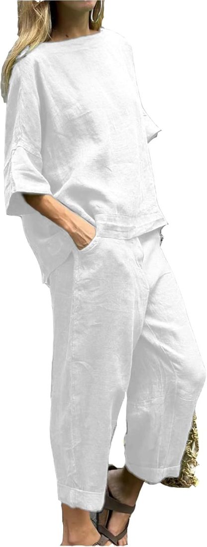 Womens 2 Piece Outfits, Cotton Linen Casual Lounge Sets, 3/4 Sleeve Tops And Elastic Waist Pants, Streetwear