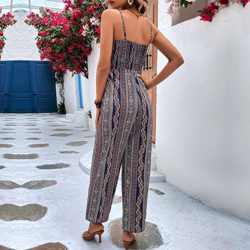 Women 2025 Summer Vintage Jumpsuit Patchwork Hippie Overalls Harem Wide Leg Pants One Piece Romper with Pocket