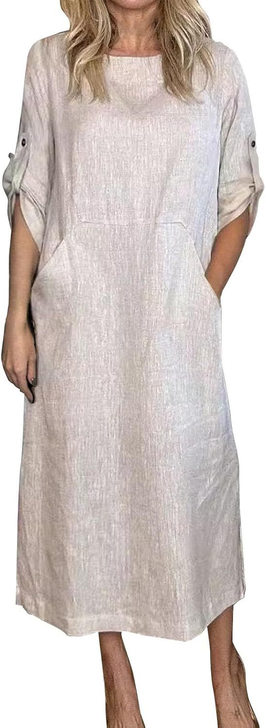Women's Cotton and Linen Spring and Summer Fashion Solid Color Loose Casual Dress V Neck Dress