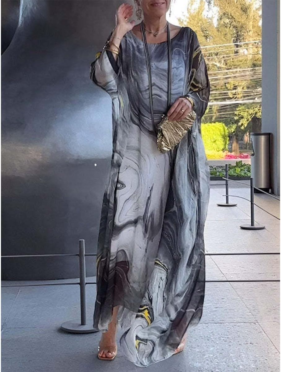 Women's Elegant Chiffon Print Dress,Marble Print Skirt for Cocktail Party,Round Neck Flowy Long Sleeve Cape Dress