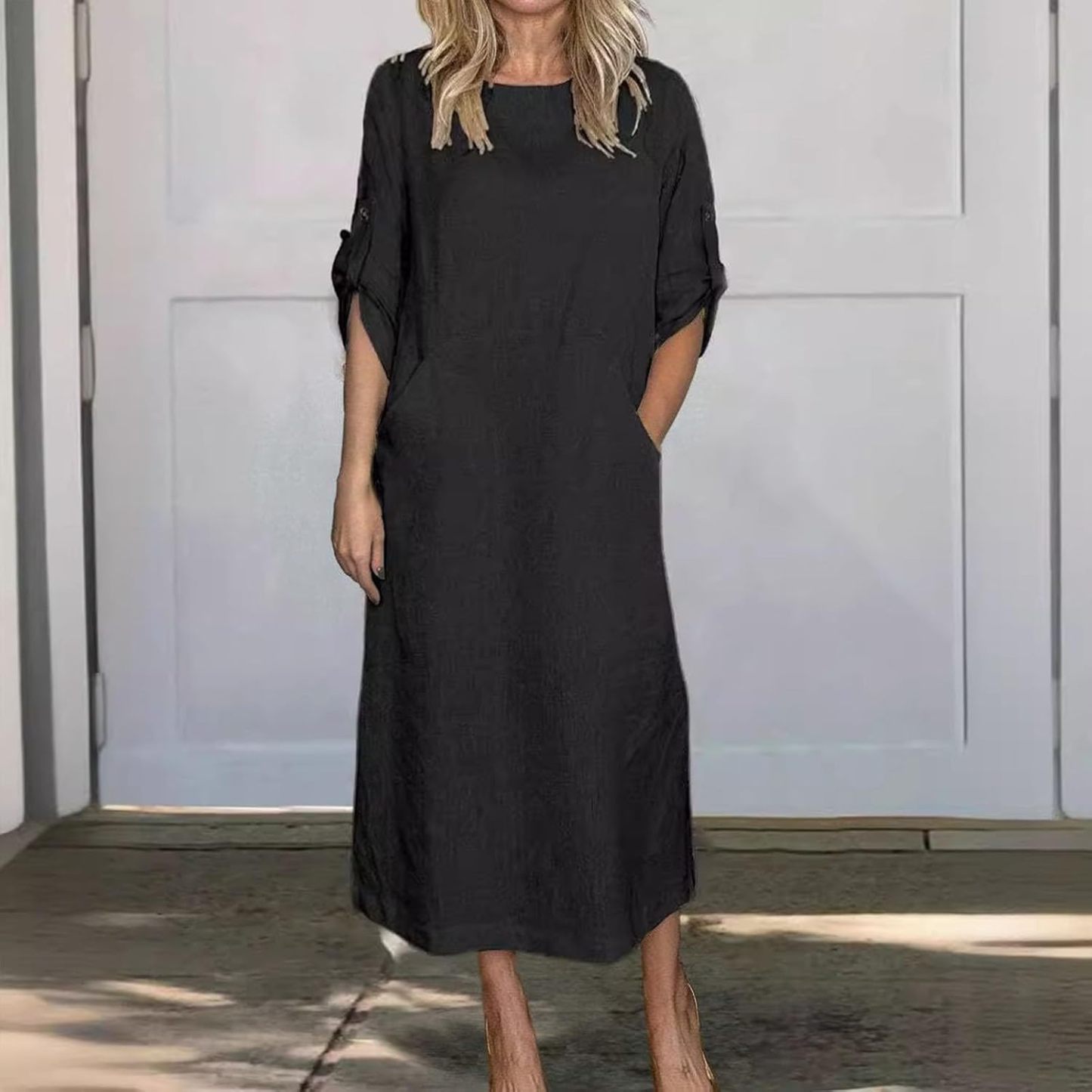 Women's Cotton and Linen Spring and Summer Fashion Solid Color Loose Casual Dress V Neck Dress
