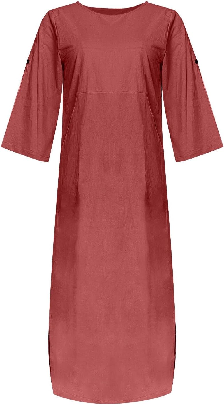 Women's Cotton and Linen Spring and Summer Fashion Solid Color Loose Casual Dress V Neck Dress