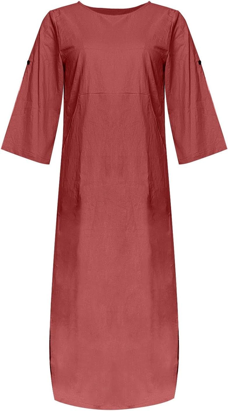 Women's Cotton and Linen Spring and Summer Fashion Solid Color Loose Casual Dress V Neck Dress