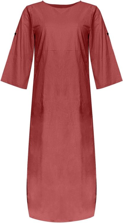 Women's Cotton and Linen Spring and Summer Fashion Solid Color Loose Casual Dress V Neck Dress