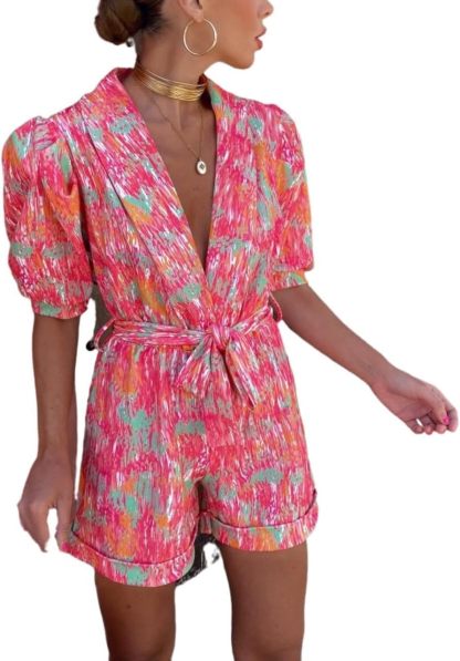 Women's Deep V-neck Bubble Short Sleeves Jumpsuit Printed Elastic Waistband Rompers Loose Fitting Shorts Playsuits