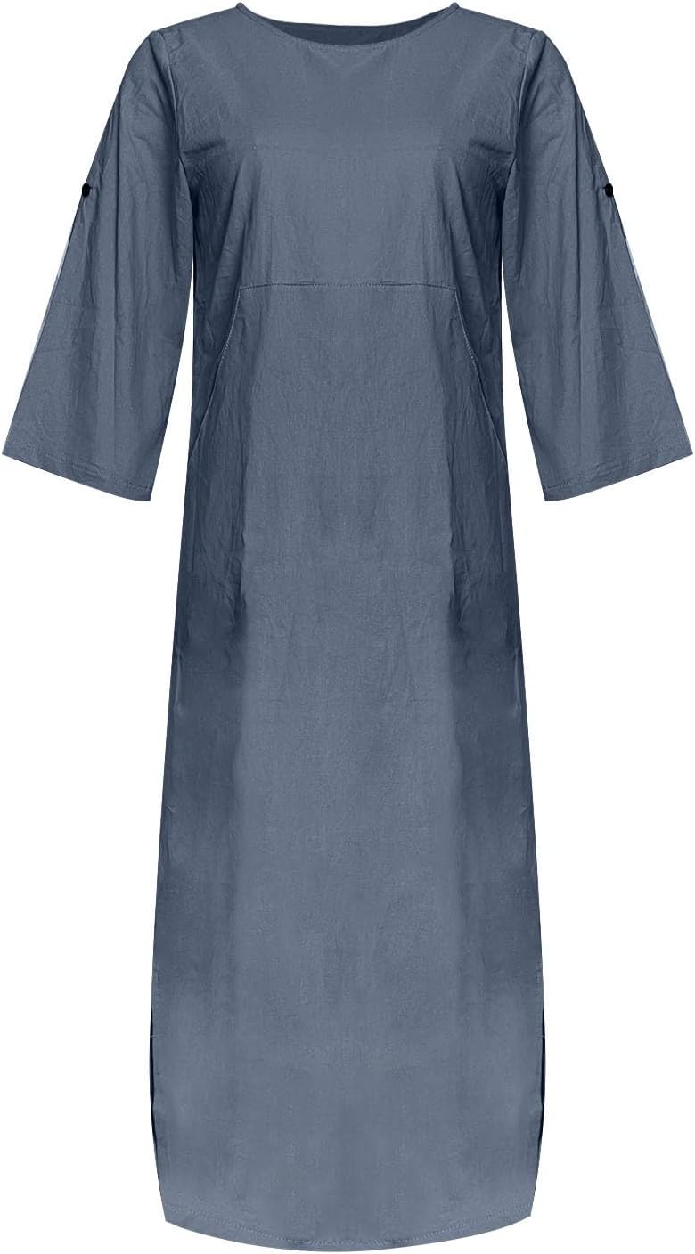 Women's Cotton and Linen Spring and Summer Fashion Solid Color Loose Casual Dress V Neck Dress