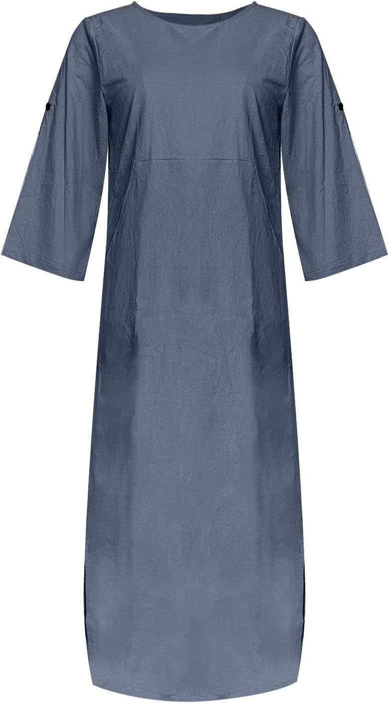 Women's Cotton and Linen Spring and Summer Fashion Solid Color Loose Casual Dress V Neck Dress