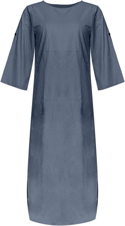 Women's Cotton and Linen Spring and Summer Fashion Solid Color Loose Casual Dress V Neck Dress