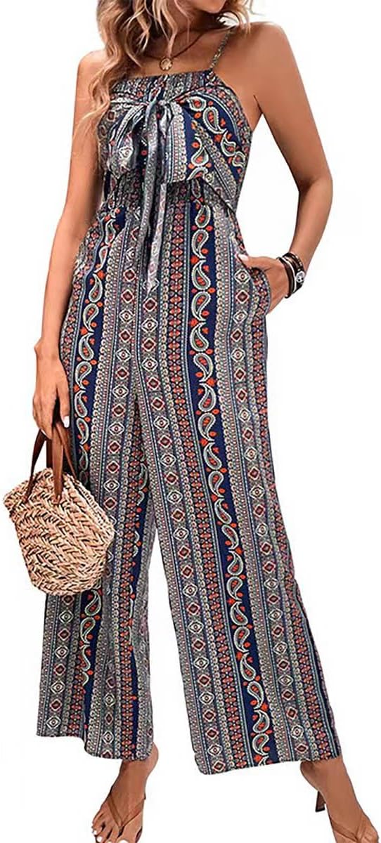 Women 2025 Summer Vintage Jumpsuit Patchwork Hippie Overalls Harem Wide Leg Pants One Piece Romper with Pocket