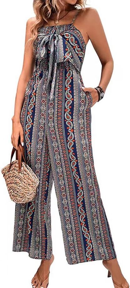 Women 2025 Summer Vintage Jumpsuit Patchwork Hippie Overalls Harem Wide Leg Pants One Piece Romper with Pocket