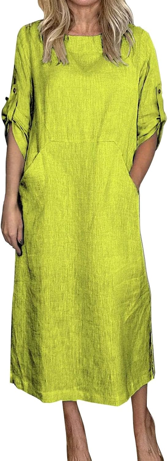 Women's Cotton and Linen Spring and Summer Fashion Solid Color Loose Casual Dress V Neck Dress