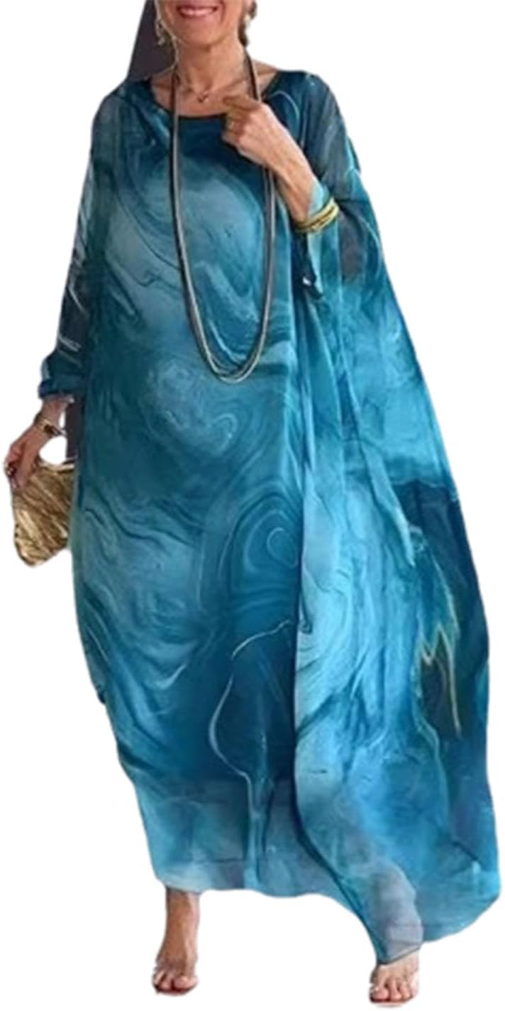 Women's Elegant Chiffon Print Dress,Marble Print Skirt for Cocktail Party,Round Neck Flowy Long Sleeve Cape Dress