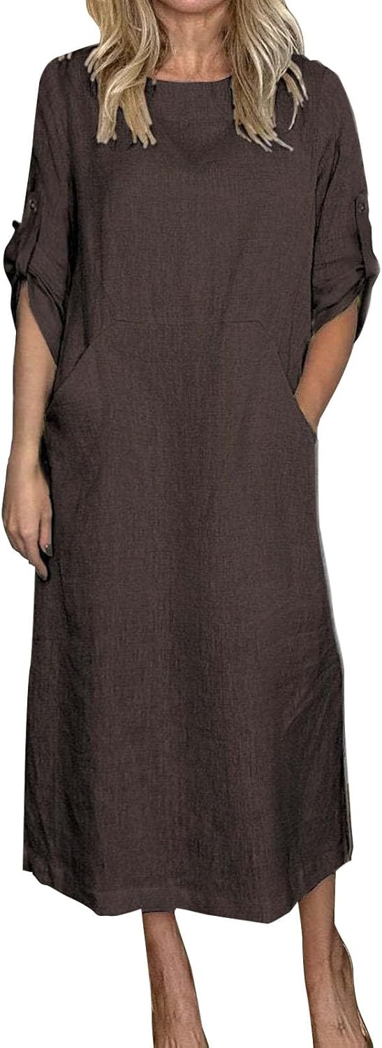 Women's Cotton and Linen Spring and Summer Fashion Solid Color Loose Casual Dress V Neck Dress