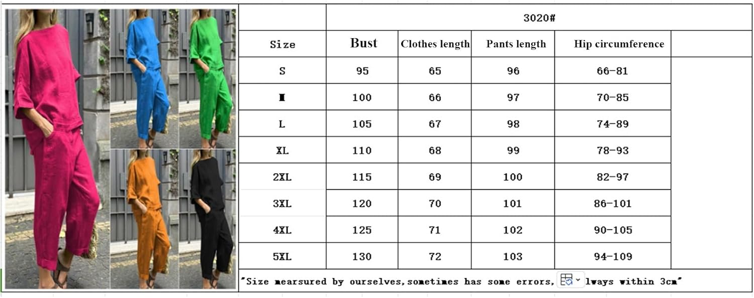 Womens 2 Piece Outfits, Cotton Linen Casual Lounge Sets, 3/4 Sleeve Tops And Elastic Waist Pants, Streetwear