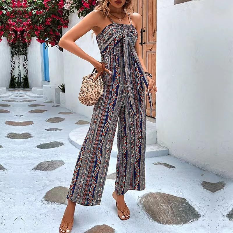 Women 2025 Summer Vintage Jumpsuit Patchwork Hippie Overalls Harem Wide Leg Pants One Piece Romper with Pocket