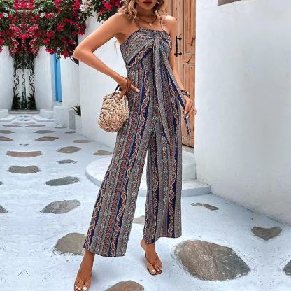 Women 2025 Summer Vintage Jumpsuit Patchwork Hippie Overalls Harem Wide Leg Pants One Piece Romper with Pocket