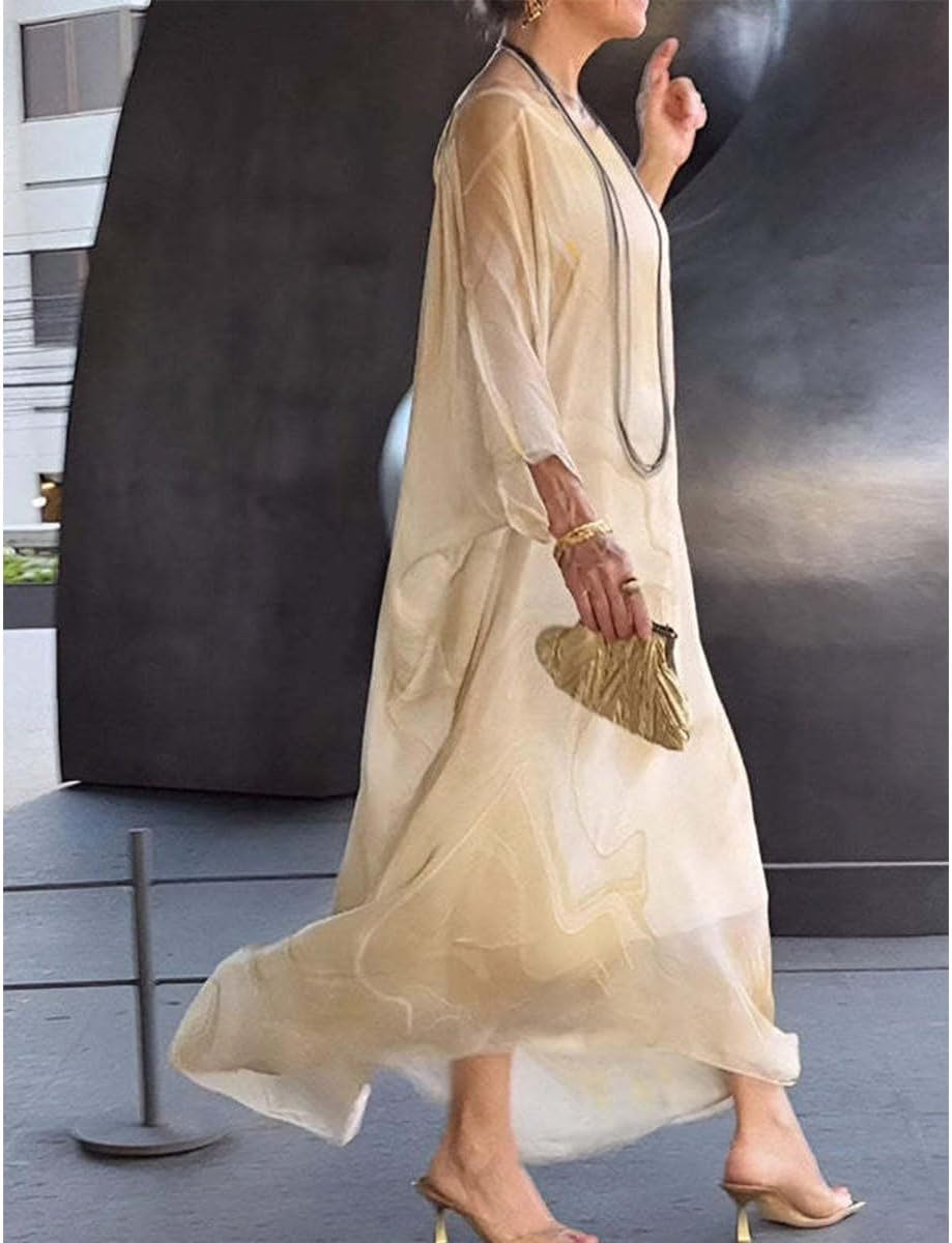 Women's Elegant Chiffon Print Dress,Marble Print Skirt for Cocktail Party,Round Neck Flowy Long Sleeve Cape Dress