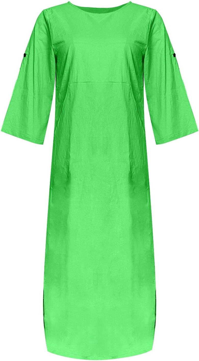 Women's Cotton and Linen Spring and Summer Fashion Solid Color Loose Casual Dress V Neck Dress