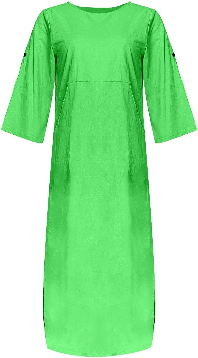 Women's Cotton and Linen Spring and Summer Fashion Solid Color Loose Casual Dress V Neck Dress