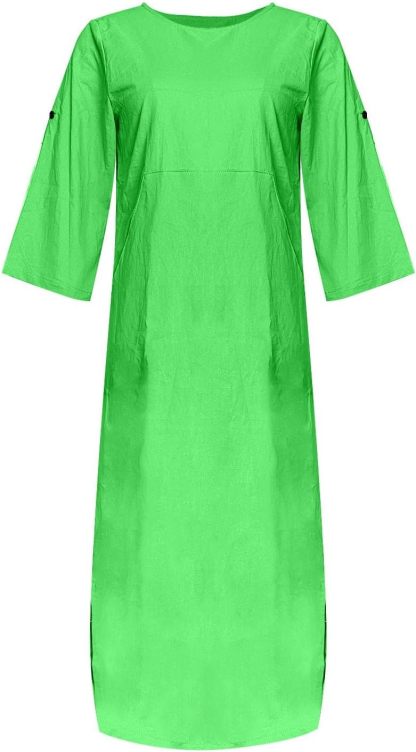 Women's Cotton and Linen Spring and Summer Fashion Solid Color Loose Casual Dress V Neck Dress