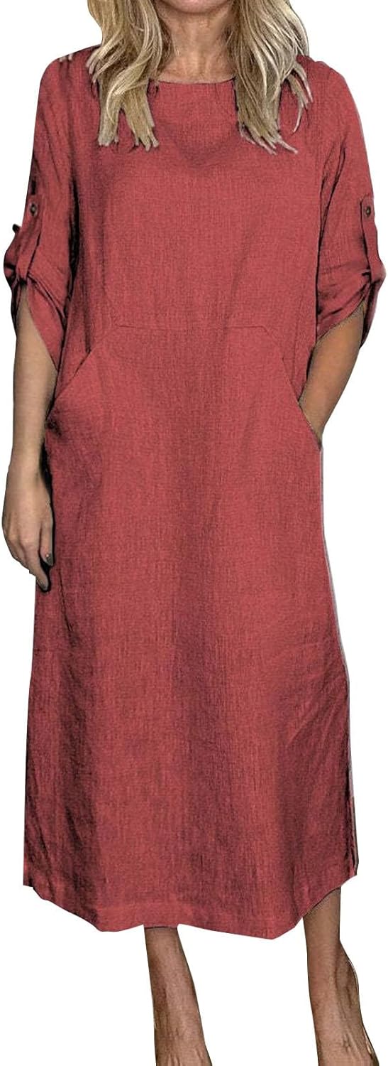 Women's Cotton and Linen Spring and Summer Fashion Solid Color Loose Casual Dress V Neck Dress