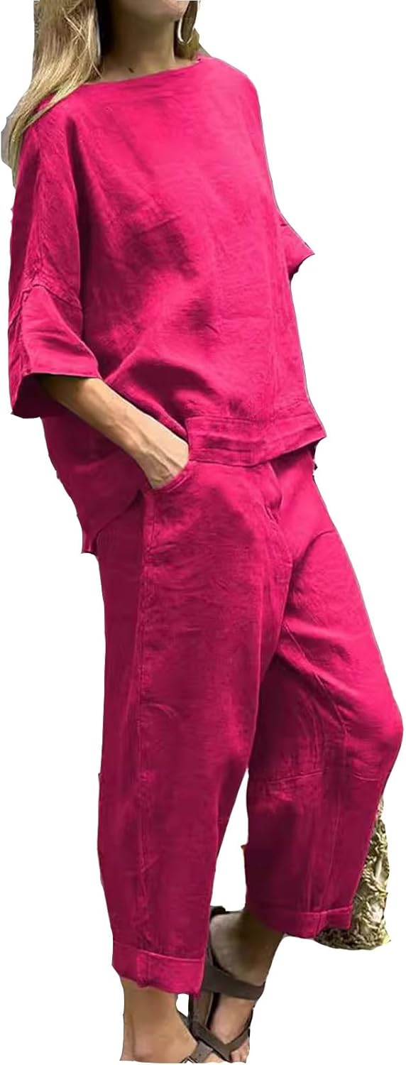 Womens 2 Piece Outfits, Cotton Linen Casual Lounge Sets, 3/4 Sleeve Tops And Elastic Waist Pants, Streetwear
