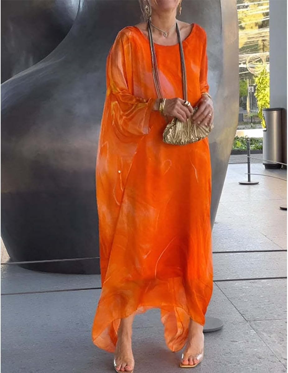 Women's Elegant Chiffon Print Dress,Marble Print Skirt for Cocktail Party,Round Neck Flowy Long Sleeve Cape Dress