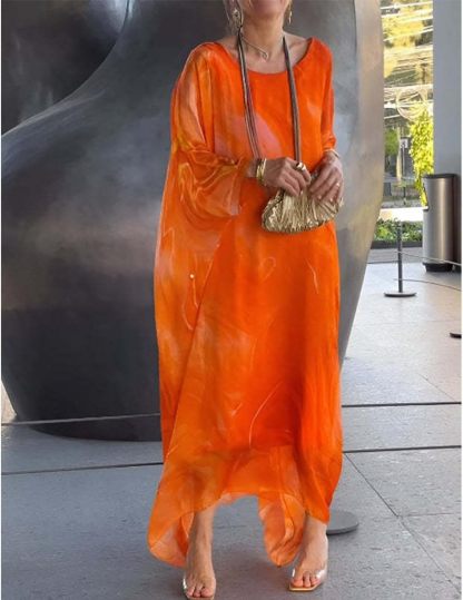Women's Elegant Chiffon Print Dress,Marble Print Skirt for Cocktail Party,Round Neck Flowy Long Sleeve Cape Dress