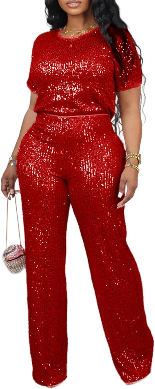 Women's Sparkling Sequin T-shirt and Pants Set Round Neck Short Sleeve Top Straight Leg Loose Pants Party Outfit
