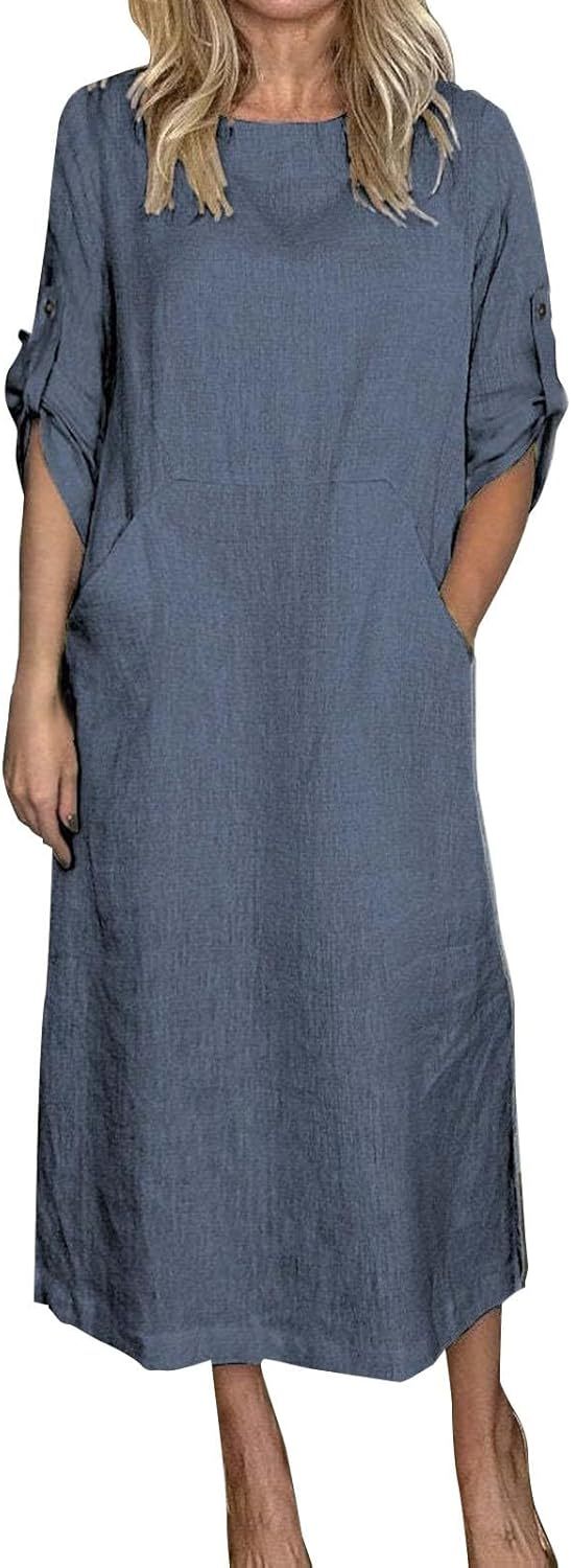 Women's Cotton and Linen Spring and Summer Fashion Solid Color Loose Casual Dress V Neck Dress