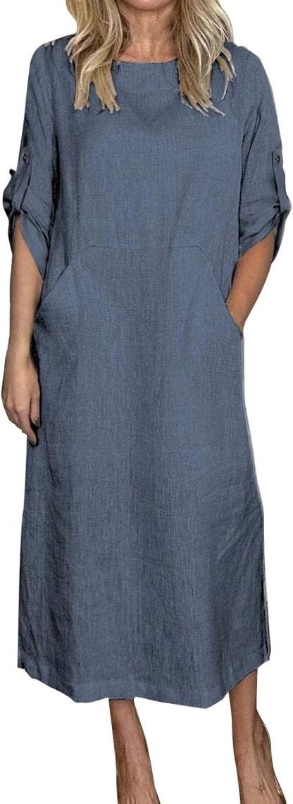 Women's Cotton and Linen Spring and Summer Fashion Solid Color Loose Casual Dress V Neck Dress