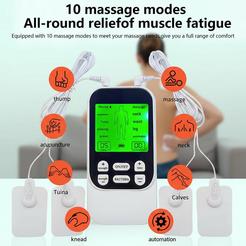 Muscle Stimulator – 10 Modes, Dual Channel, 30 Intensity Levels, Compact & Rechargeable, For Back, Neck & Shoulder, 4 Electrode Pads