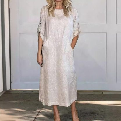 Women's Cotton and Linen Spring and Summer Fashion Solid Color Loose Casual Dress V Neck Dress